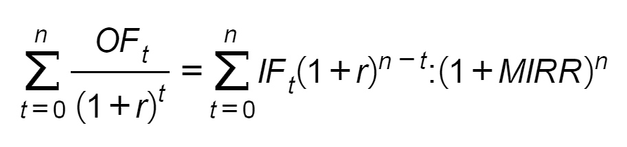 The modified internal rate of return is calculated using the formula